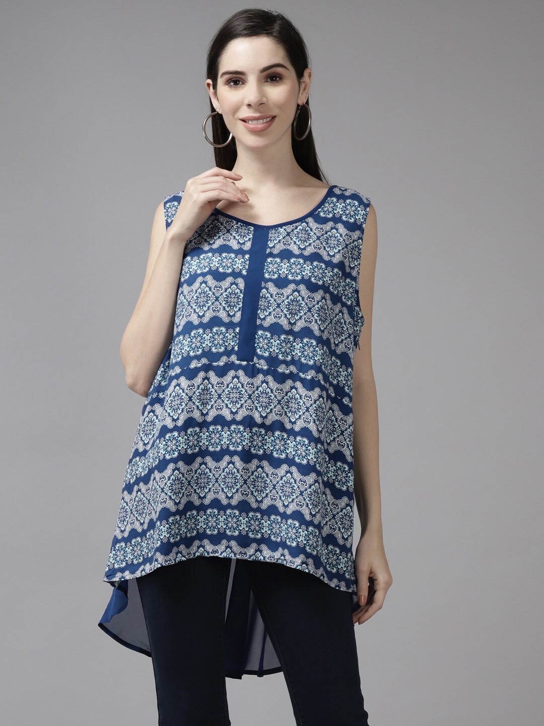 

BAESD Ethnic Motifs Printed Sleeveless High-Low Georgette Tunic, Blue