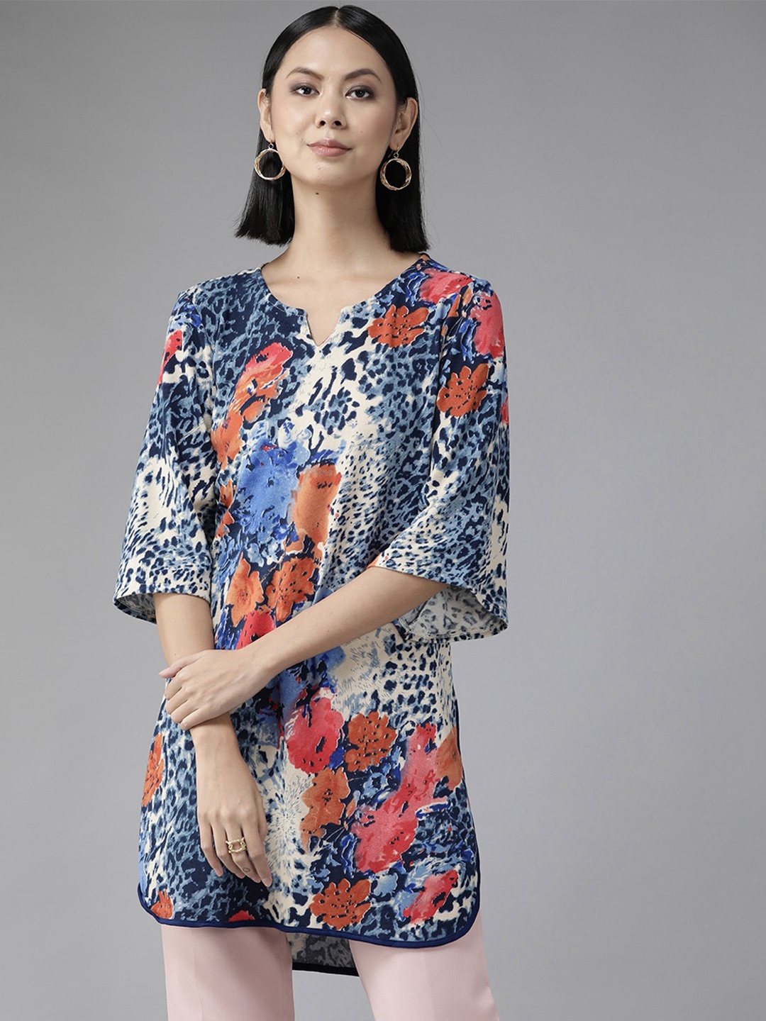 

BAESD Floral Print Flared Sleeeves Longline Kurti, Blue