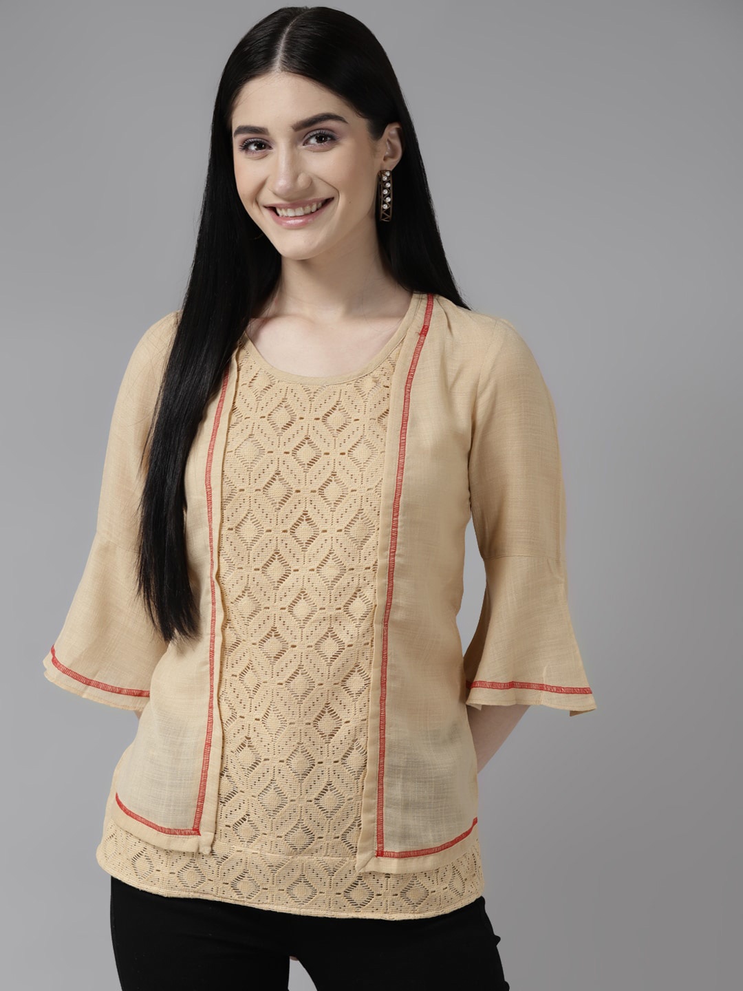 

BAESD Self Design Bell Sleeves Top, Beige