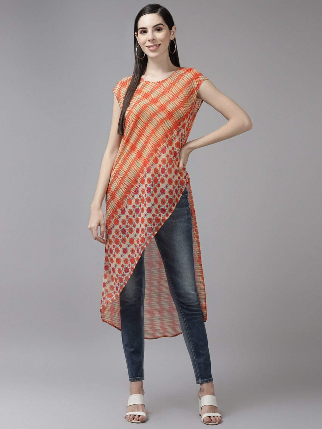 

BAESD Floral Printed Georgette High-Low Longline Top, Orange