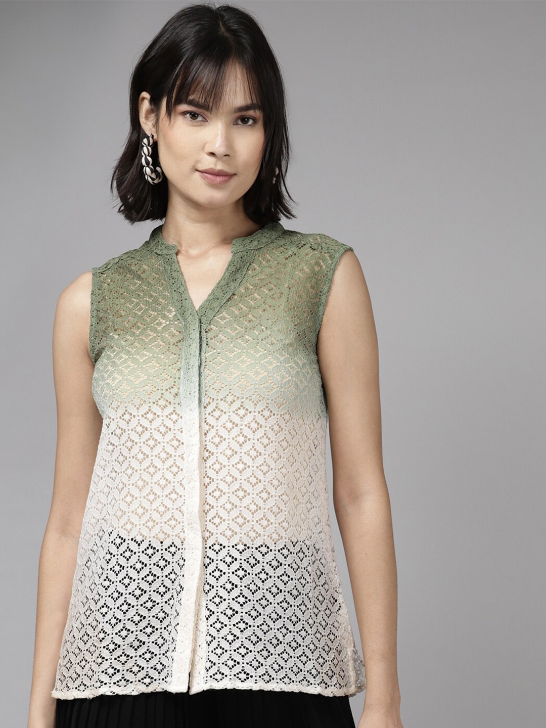 

BAESD Self Design Mandarin Collar Sleeveless Shirt Style Top, Green
