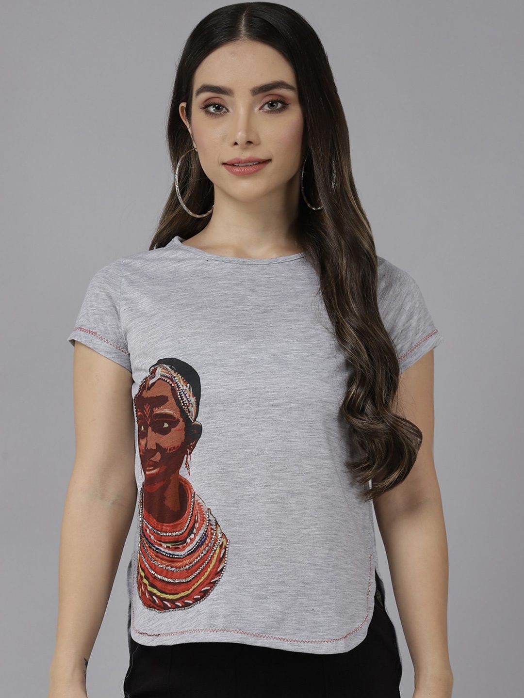 

BAESD Ethnic Motifs Printed Beads Detail Georgette Top, Grey