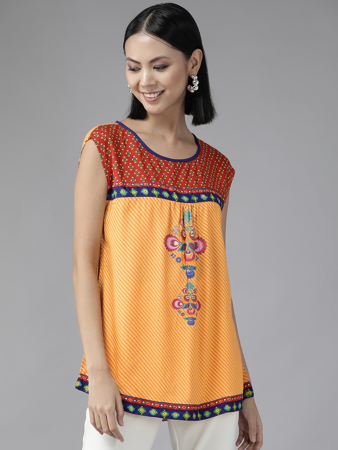 

BAESD Ethnic Motifs Printed Round Neck Sleeveless A-Line Top, Yellow