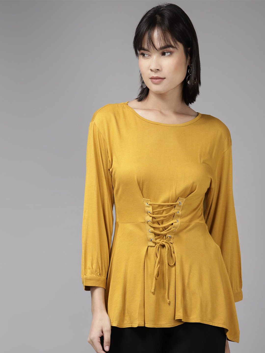 

BAESD Round Neck Tie Up Georgette Top, Mustard