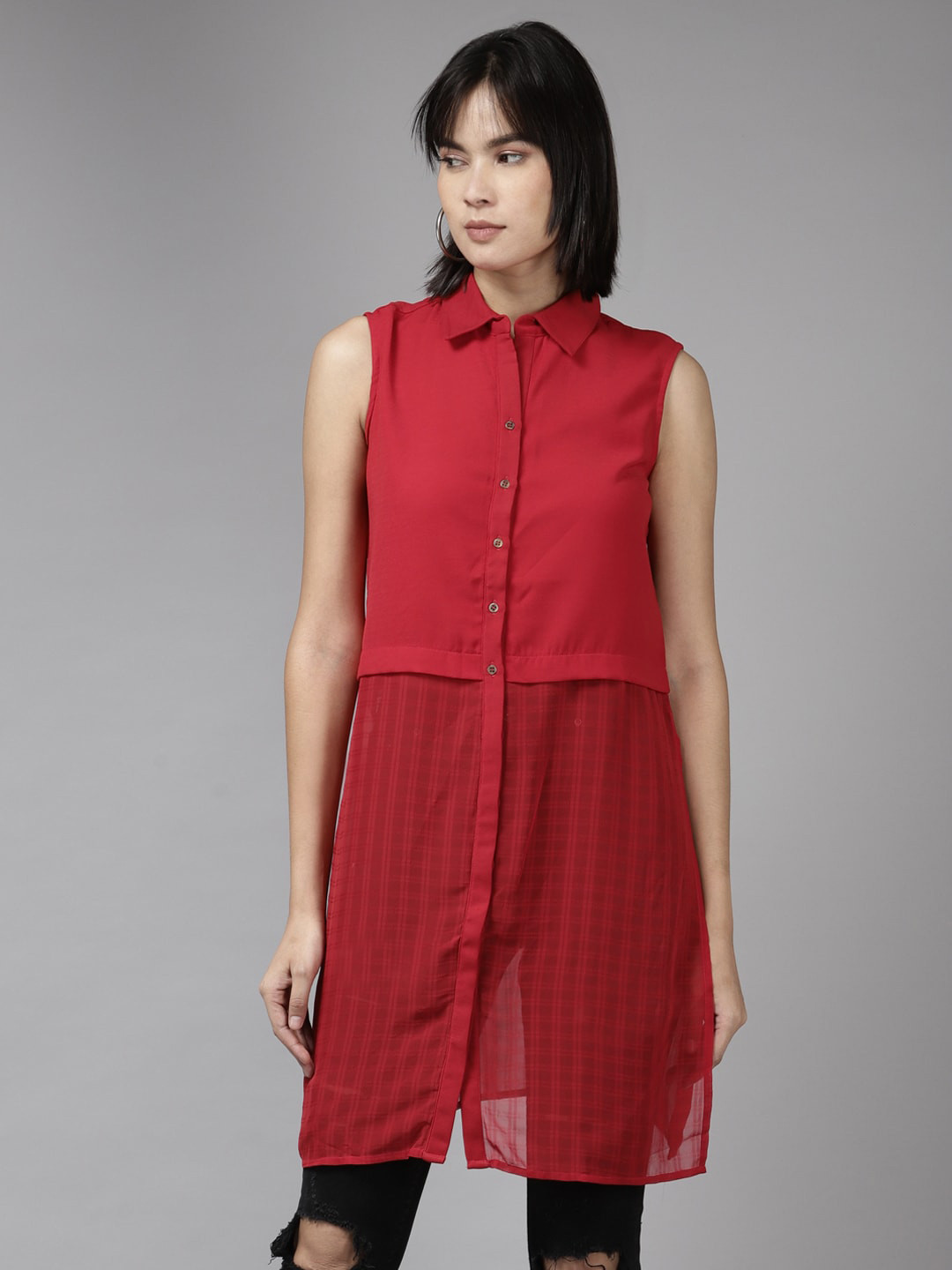 

BAESD Shirt Collar Sleeveless Shirt Style Longline Top, Red