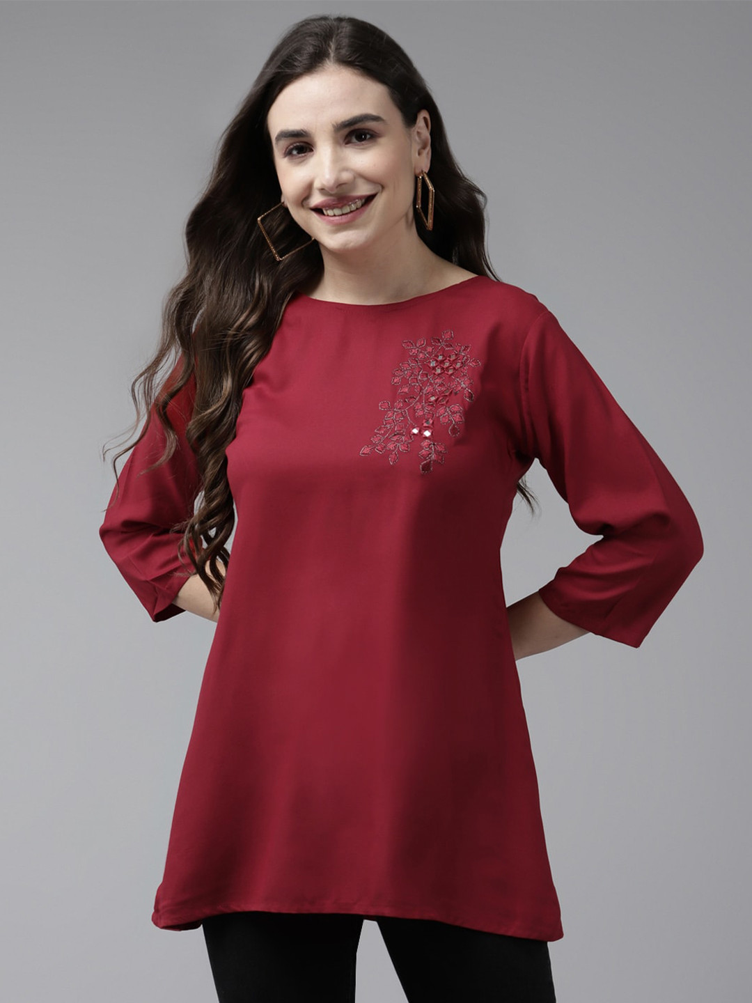 

BAESD Floral Embroidered Mirror Work Georgette A-Line Top, Maroon
