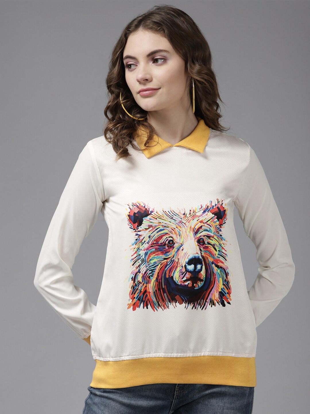 

BAESD Shirt Collar Graphic Printed Georgette Top, White