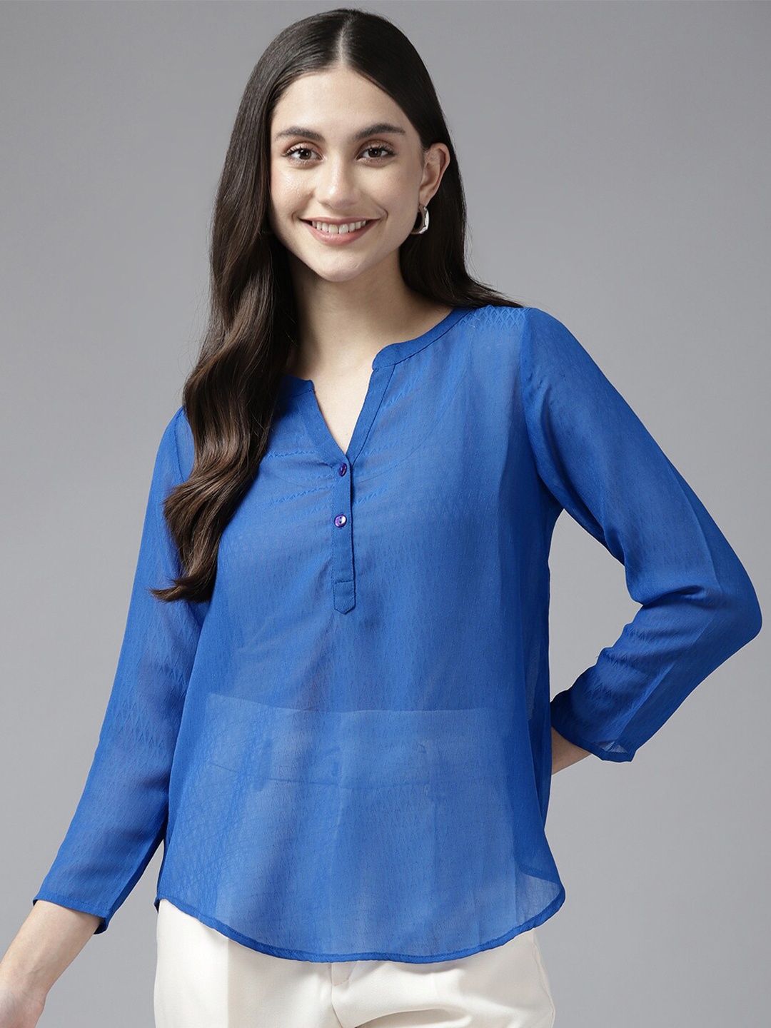 

BAESD Mandarin Collar Georgette Shirt Style Top, Blue