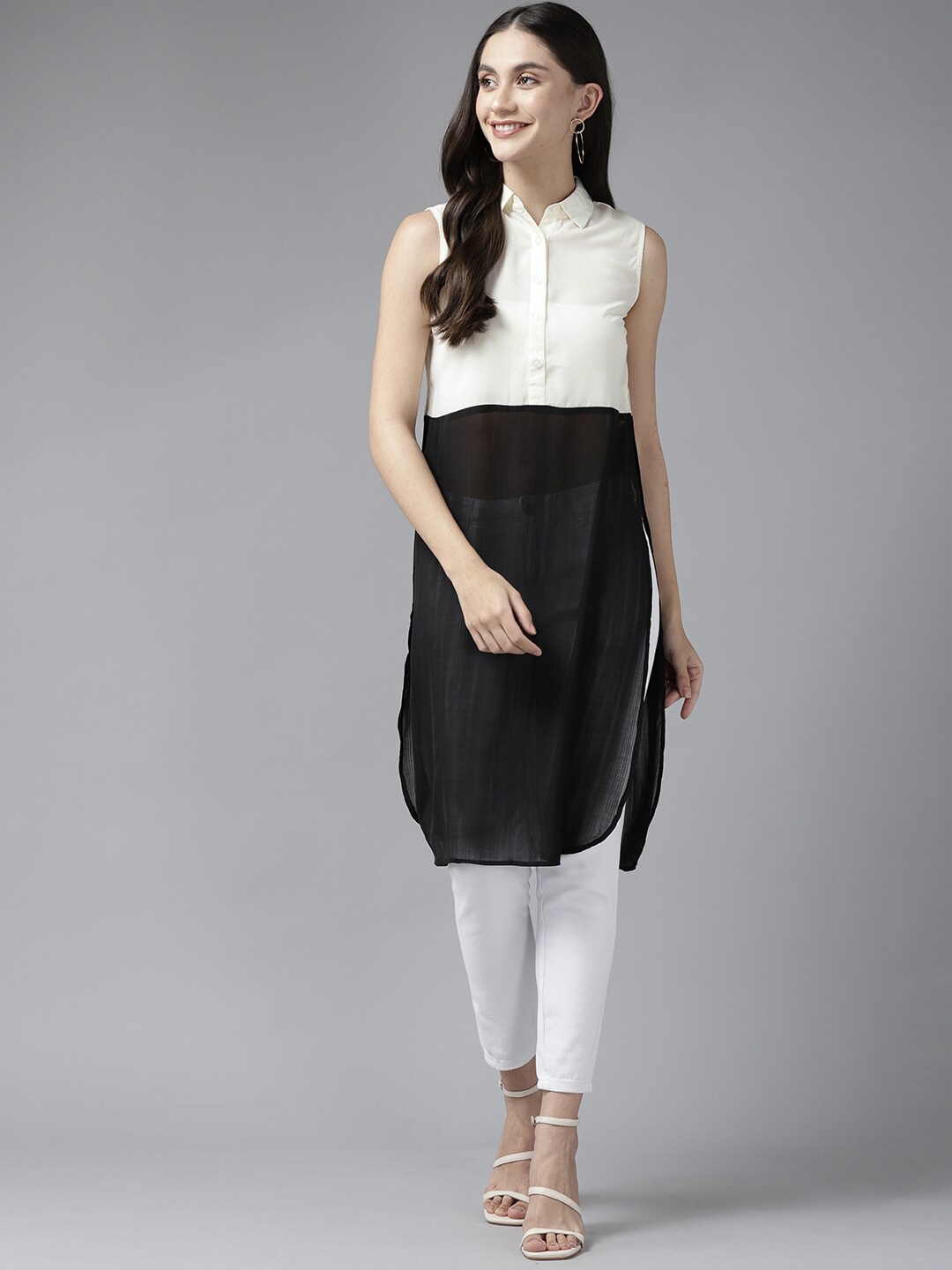 

BAESD Colourblocked Shirt Collar Sleeveless Knee Length Kurta, White