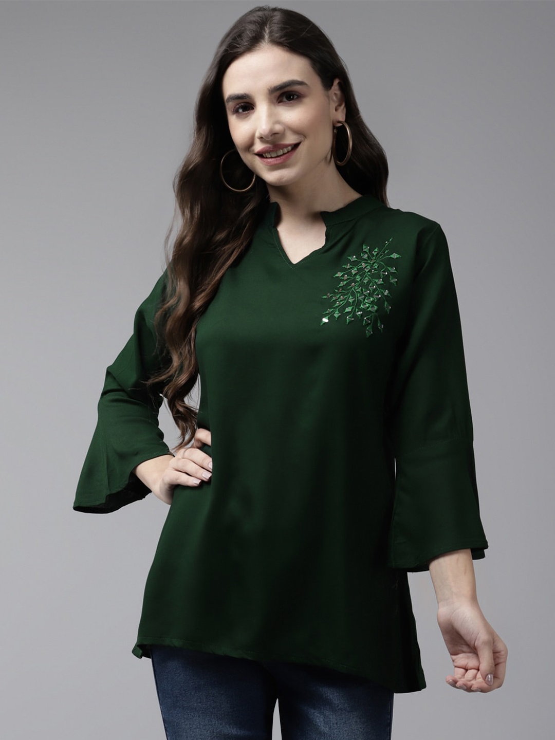 

BAESD Mandarin Collar Embroidered Cotton Top, Green