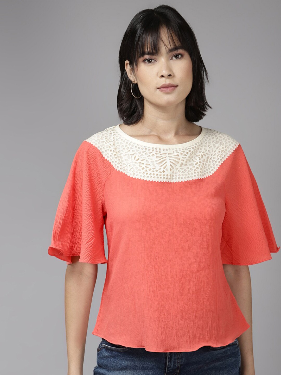 

BAESD Self Design Flared Sleeve Lace Insert Top, Peach