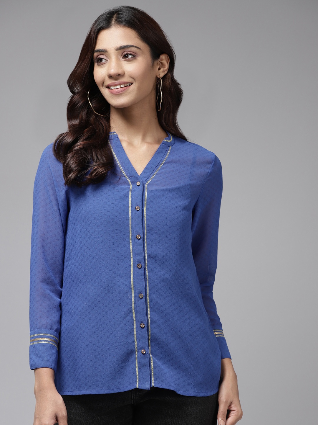 

BAESD Mandarin Collar Georgette Shirt Style Top, Blue