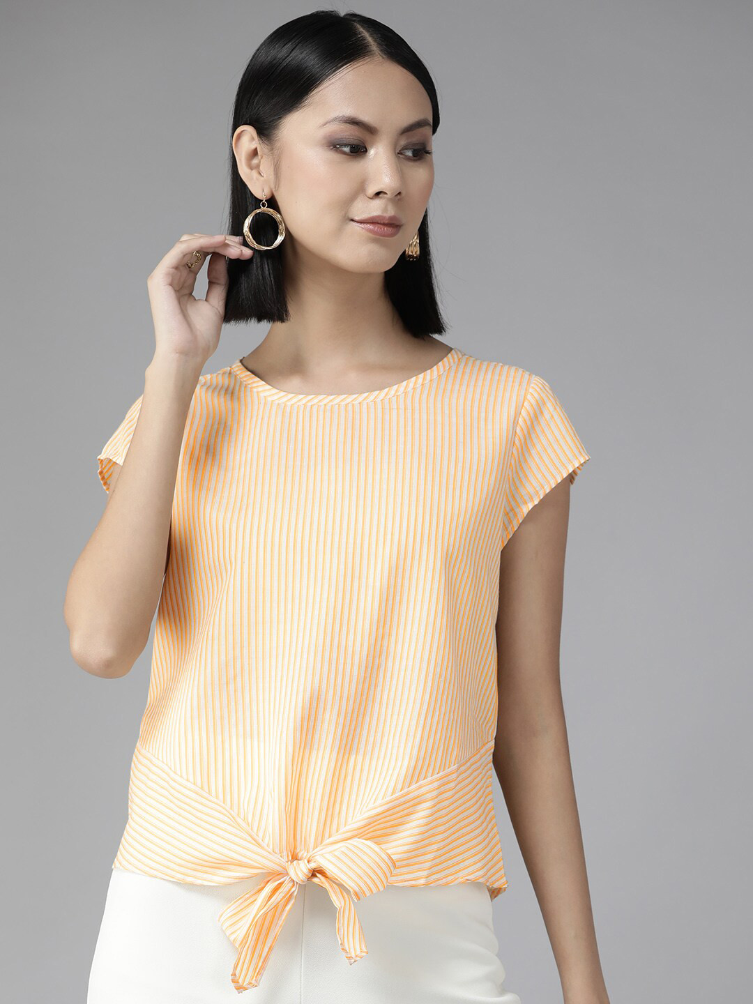 

BAESD Striped Round Neck Waist Tie-Up Top, Orange