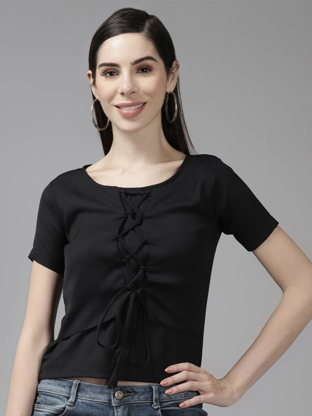 

BAESD Tie-Up Detail Short Sleeves Georgette Top, Black