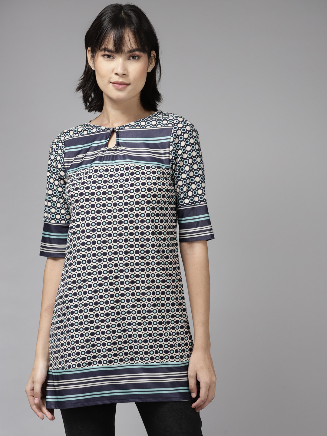 

BAESD Printed Keyhole Neck Short Sleeves Georgette Tunic, Navy blue