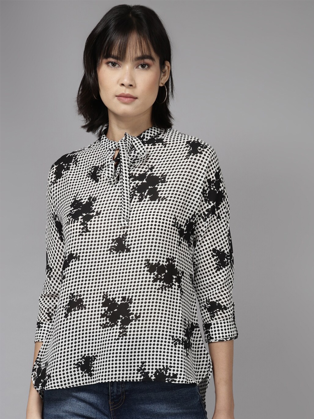 

BAESD Printed Tie-Up Neck Georgette Shirt Style Top, Black