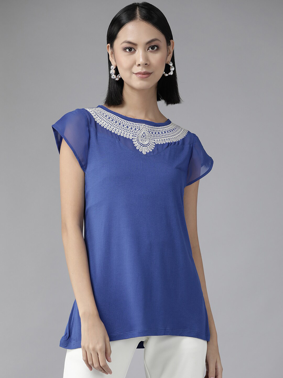 

BAESD Floral Embroidered Round Neck A-Line Top, Blue