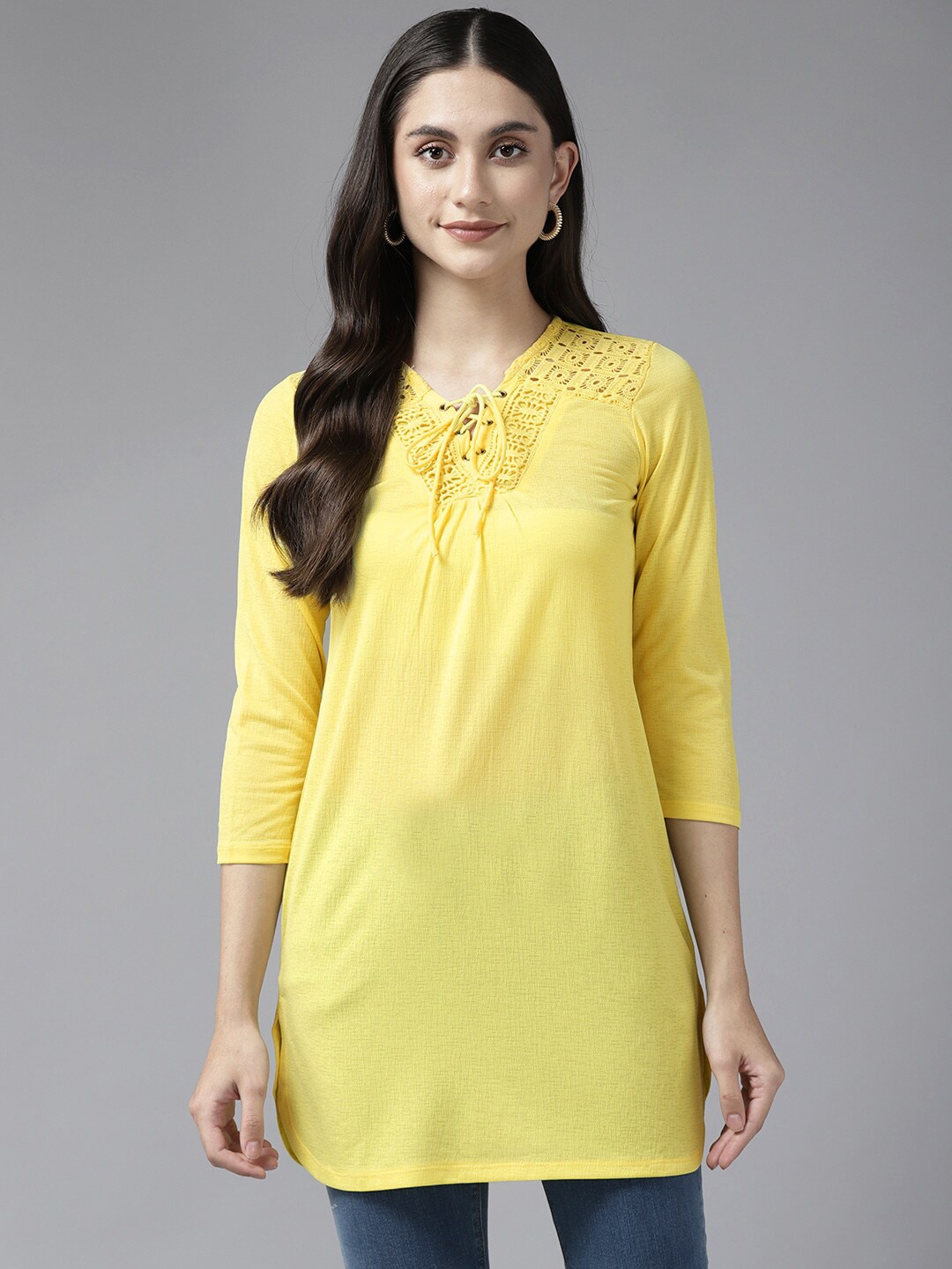 

BAESD Tie-Up Neck Georgette Longline Top, Yellow