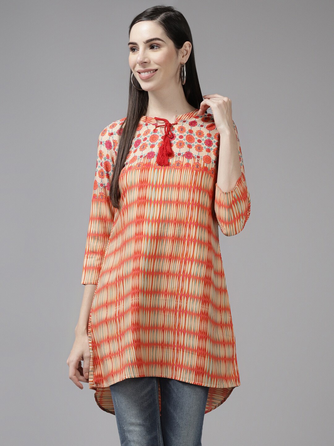 

BAESD Printed Tie-Up Neck PU Coated Tunic, Orange