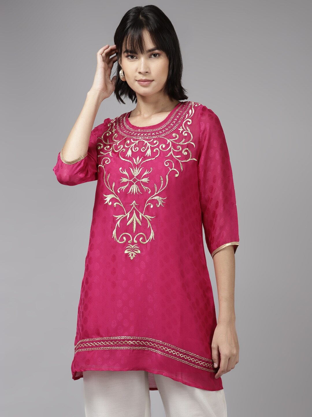 

BAESD Ethnic Motifs Embroidered Georgette Kurti, Pink