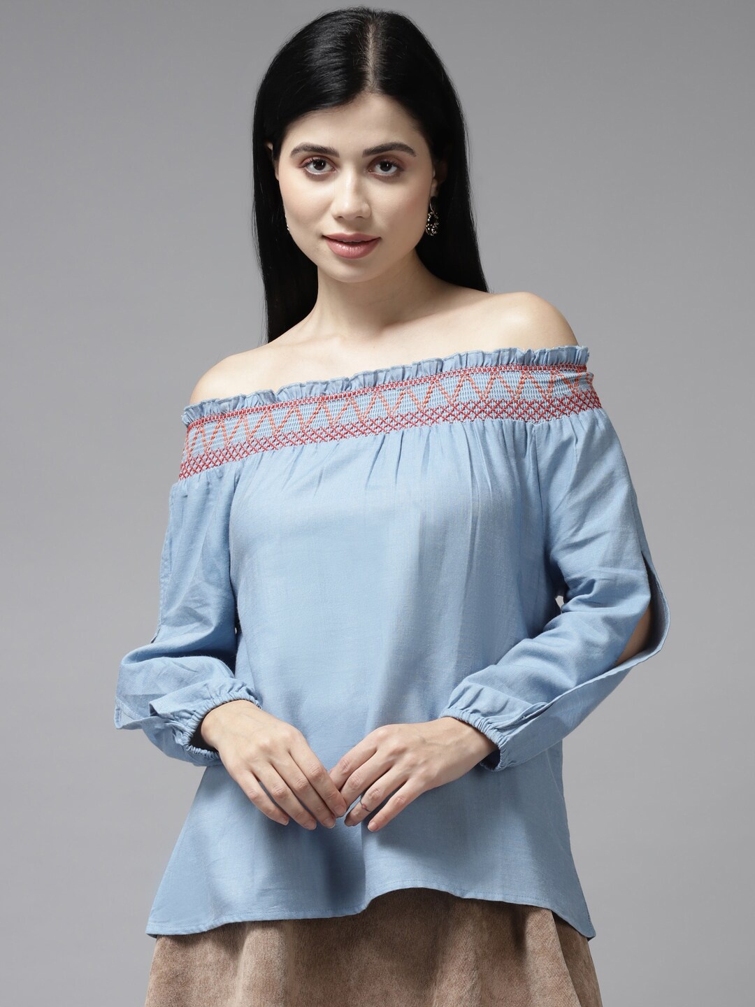 

BAESD Off-Shoulder Slit- Sleeve Georgette Top With Smocking Details, Blue