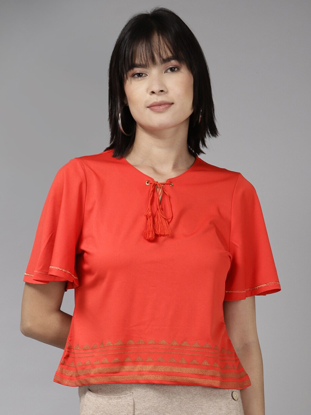 

BAESD Flared Sleeve Tie-Up Neck Georgette Top, Red