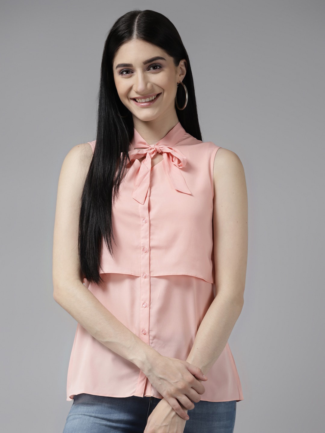 

BAESD Tie-Up Neck Shirt Style Top, Peach