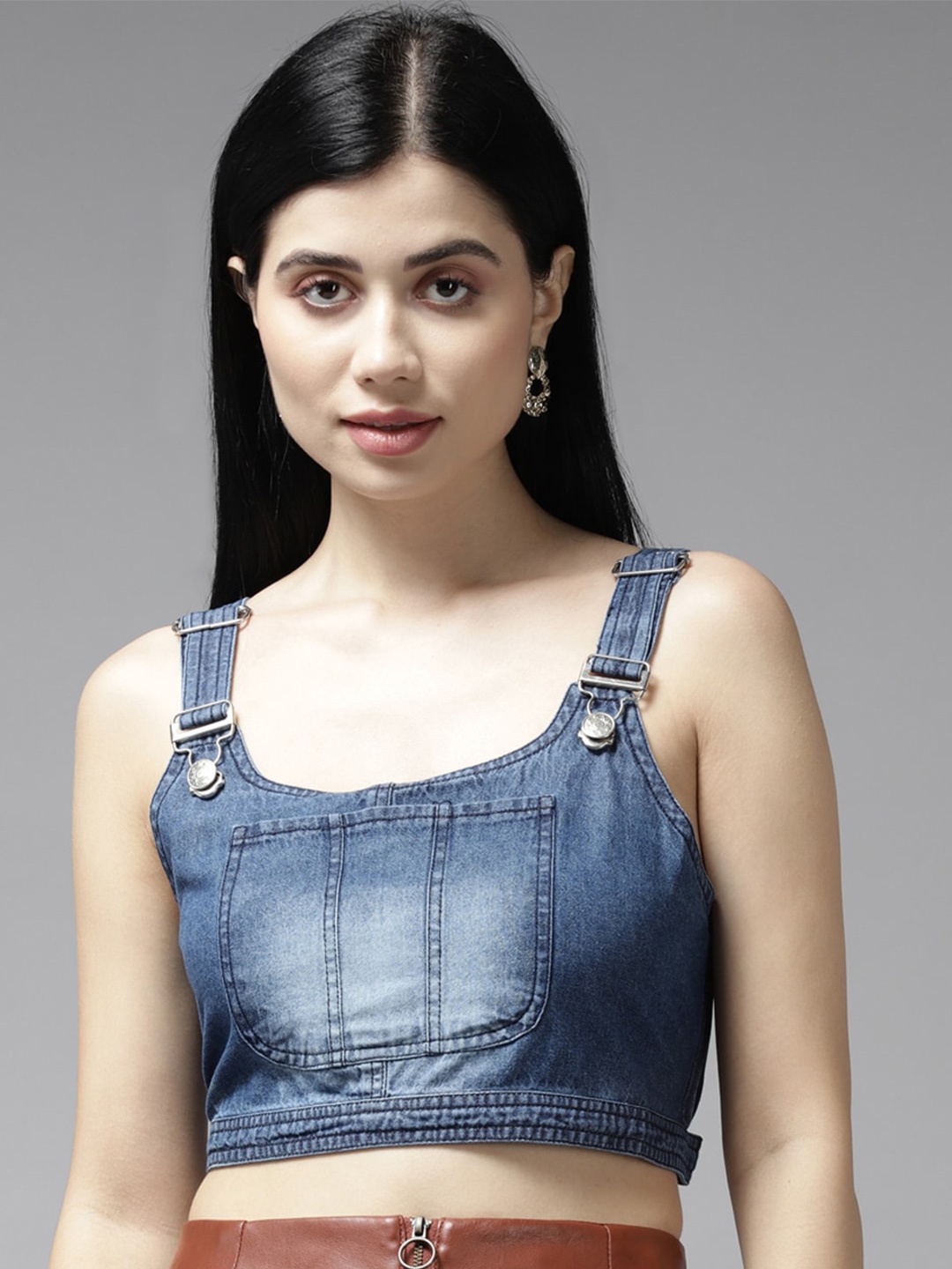 

BAESD Denim Fitted Crop Top, Blue