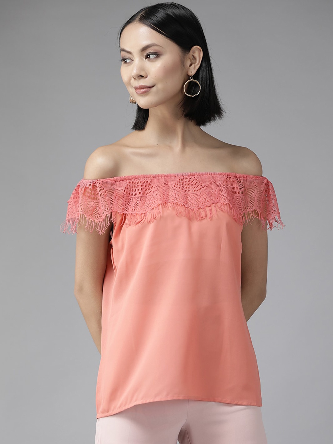 

BAESD Lace Off-Shoulder Georgette Bardot Top, Peach