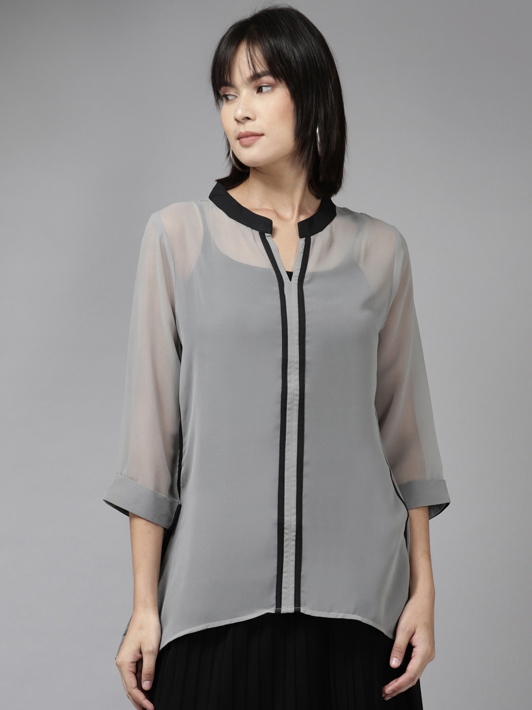 

BAESD Mandarin Collar Georgette Top, Grey