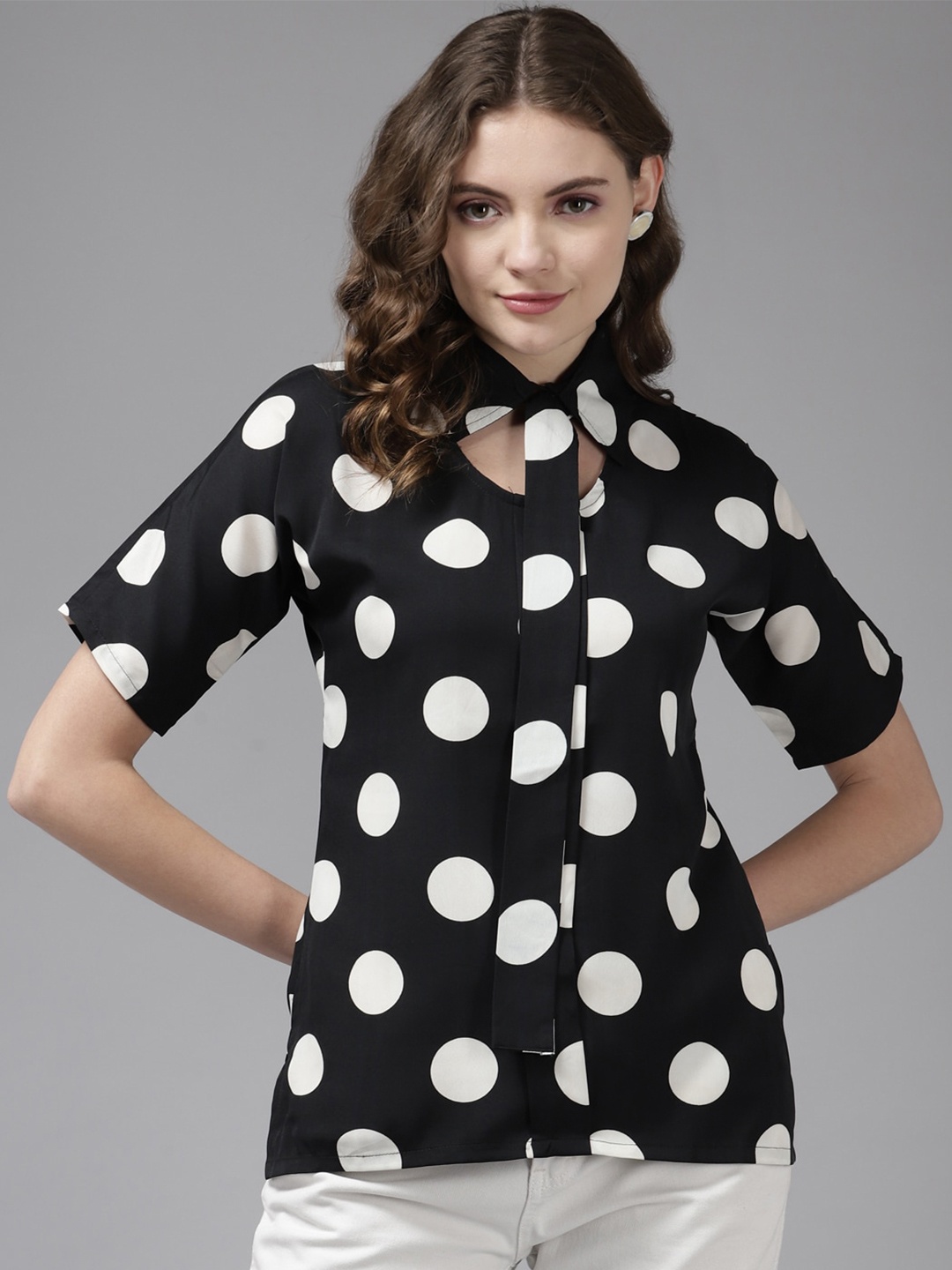 

BAESD Polka Dot Printed Shirt Collar Extended Sleeves Top, Black