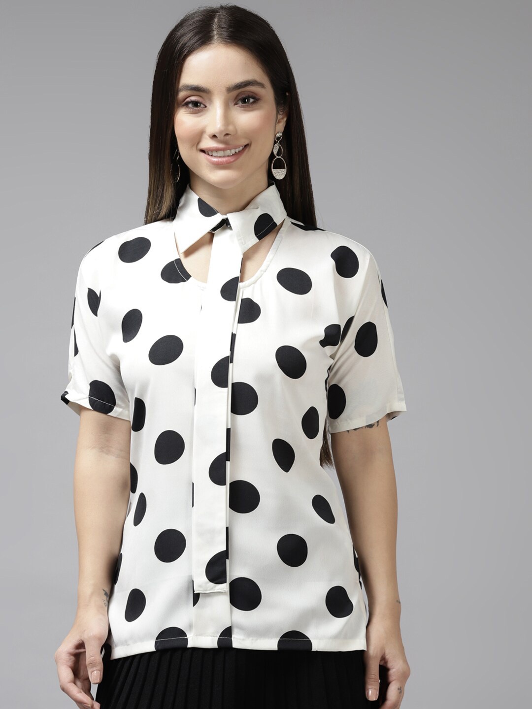

BAESD Polka Dot Printed Shirt Collar Extended Sleeves Top, White