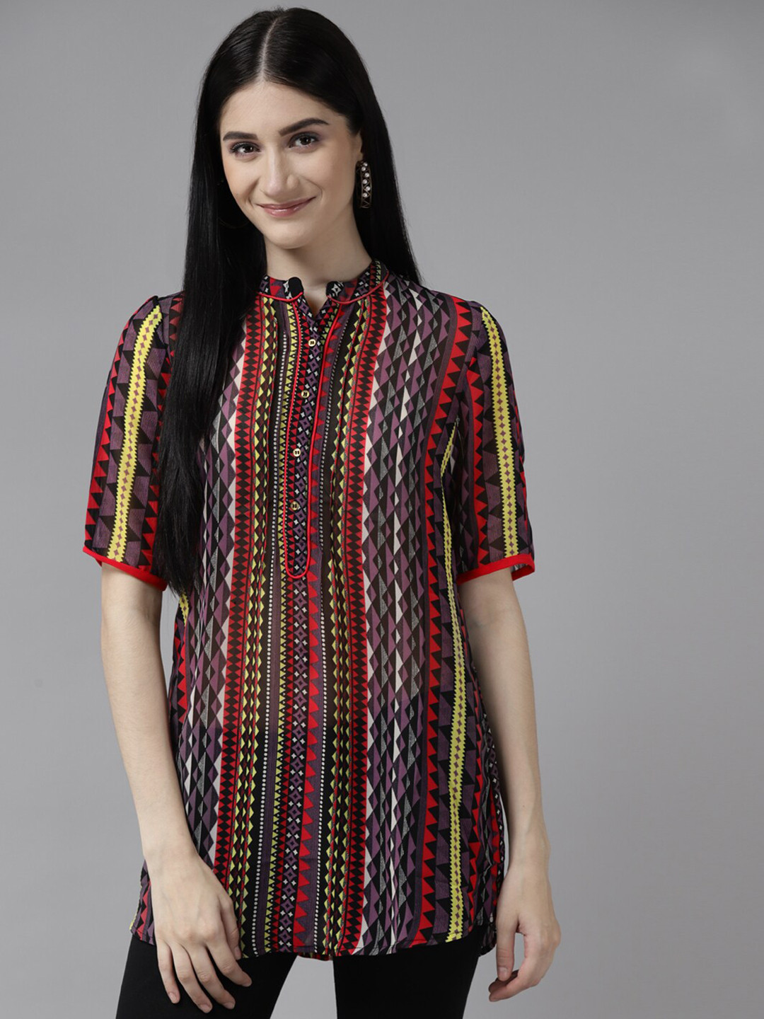 

BAESD Mandarin Collar Geometric Printed Georgette Tunic, Purple