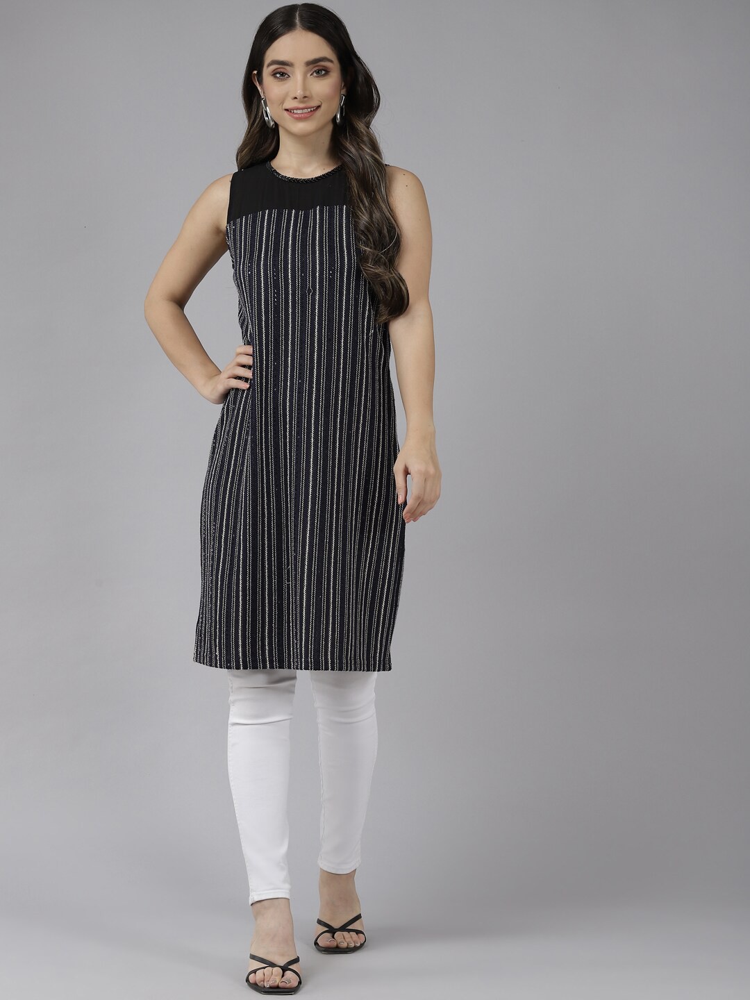 

BAESD Striped Georgette Longline Top, Navy blue