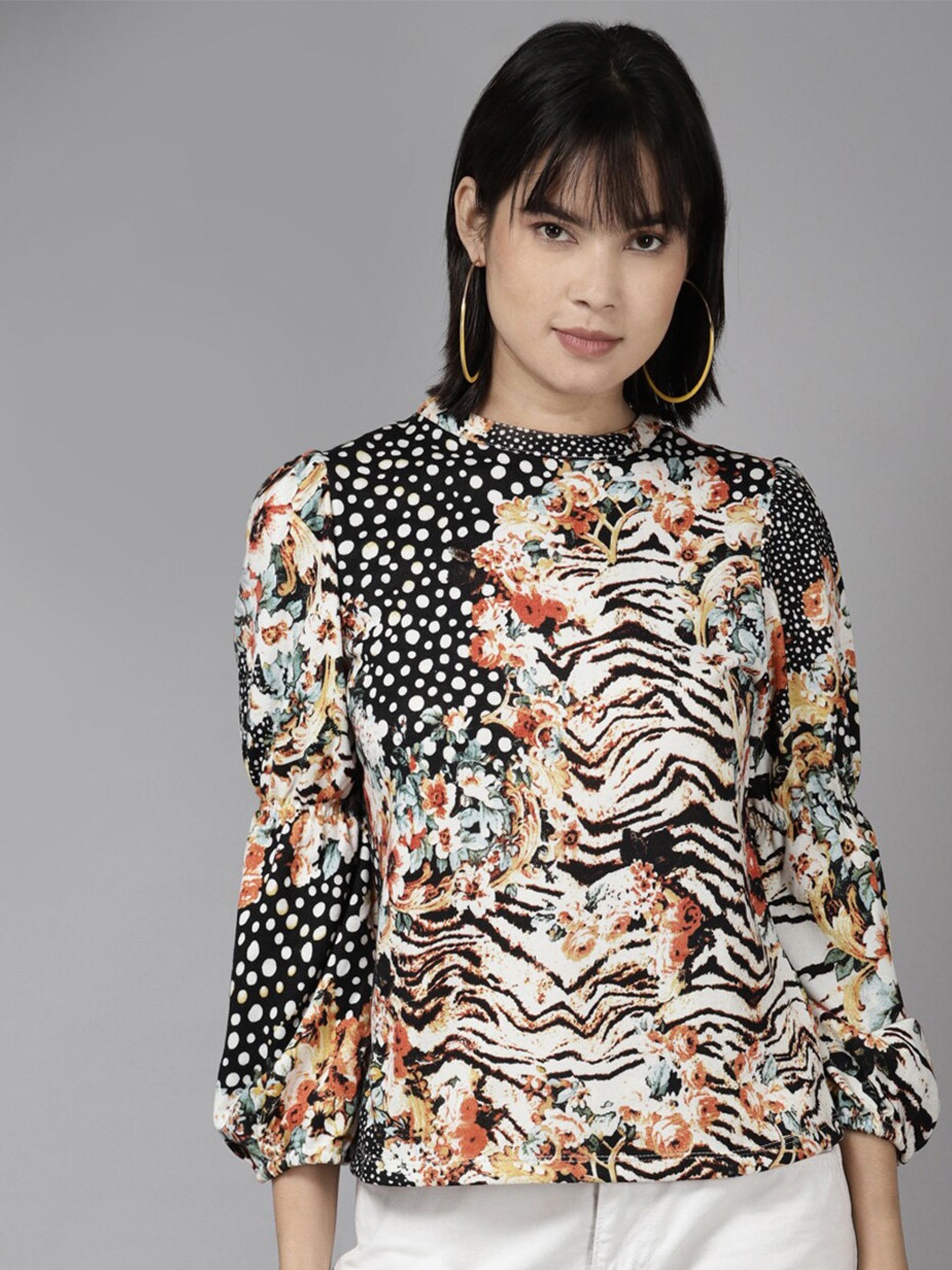 

BAESD Printed Round Neck Georgette Top, Black