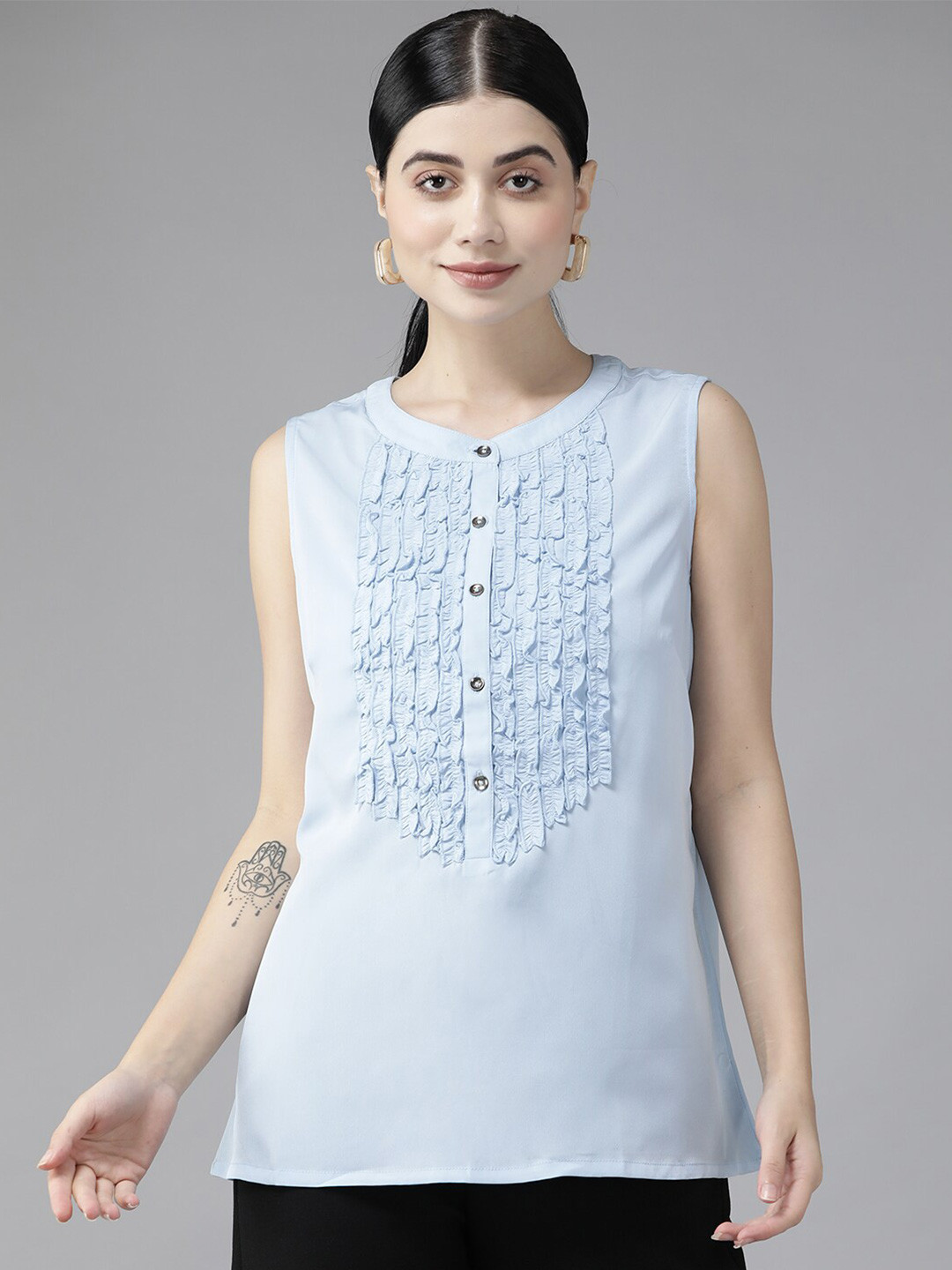 

BAESD Round Neck Ruffles Georgette Top, Turquoise blue