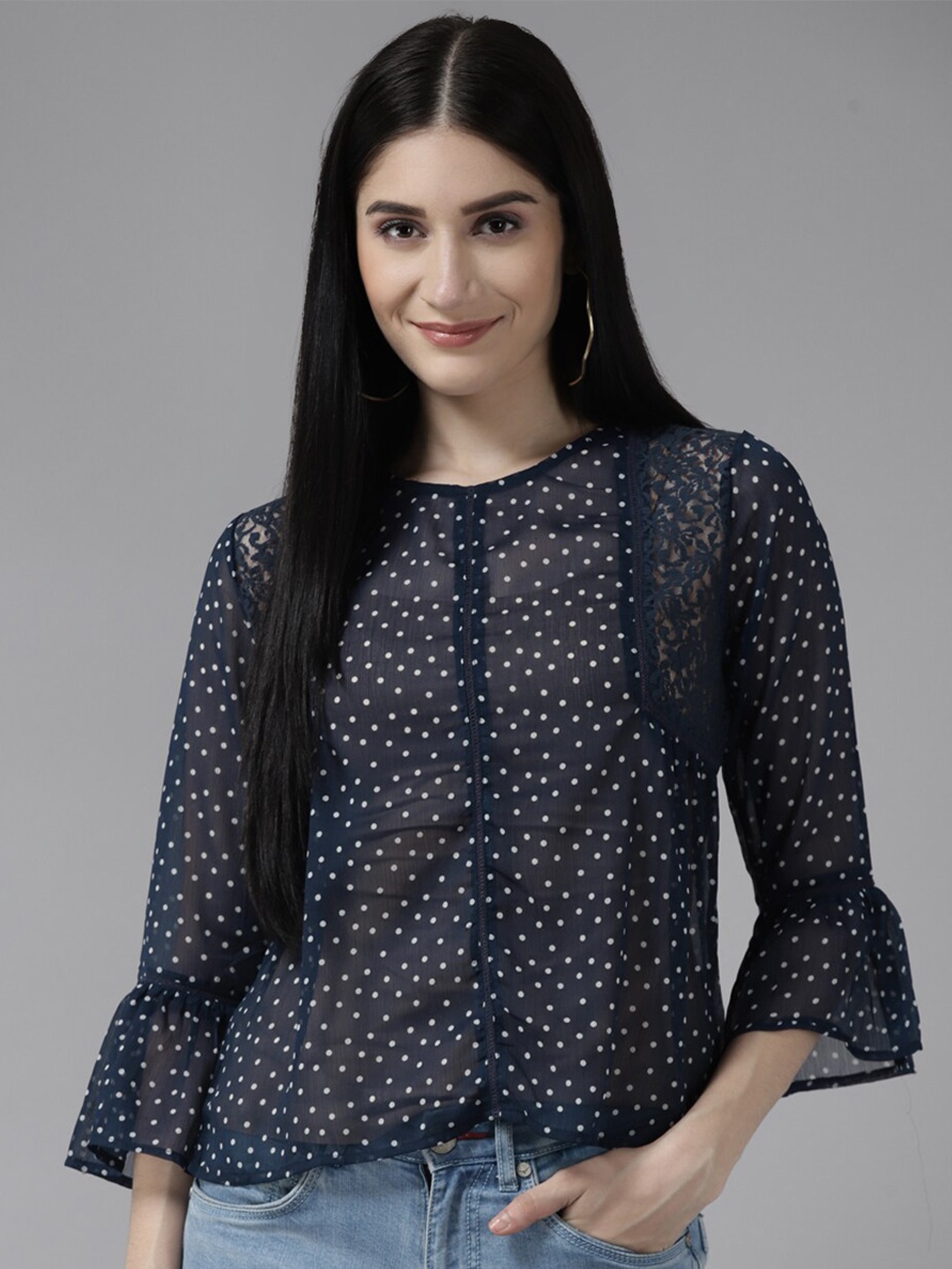 

BAESD Polka Dots Printed Georgette Top, Navy blue