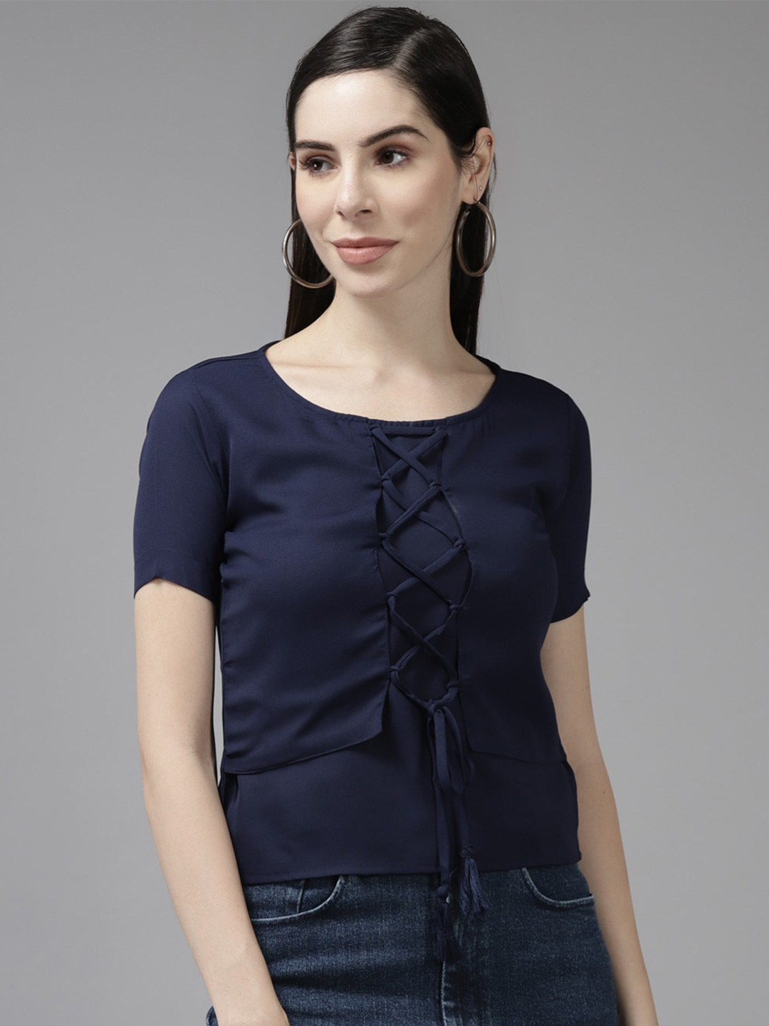 

BAESD Round Neck Short Sleeve Lace Up Top, Navy blue