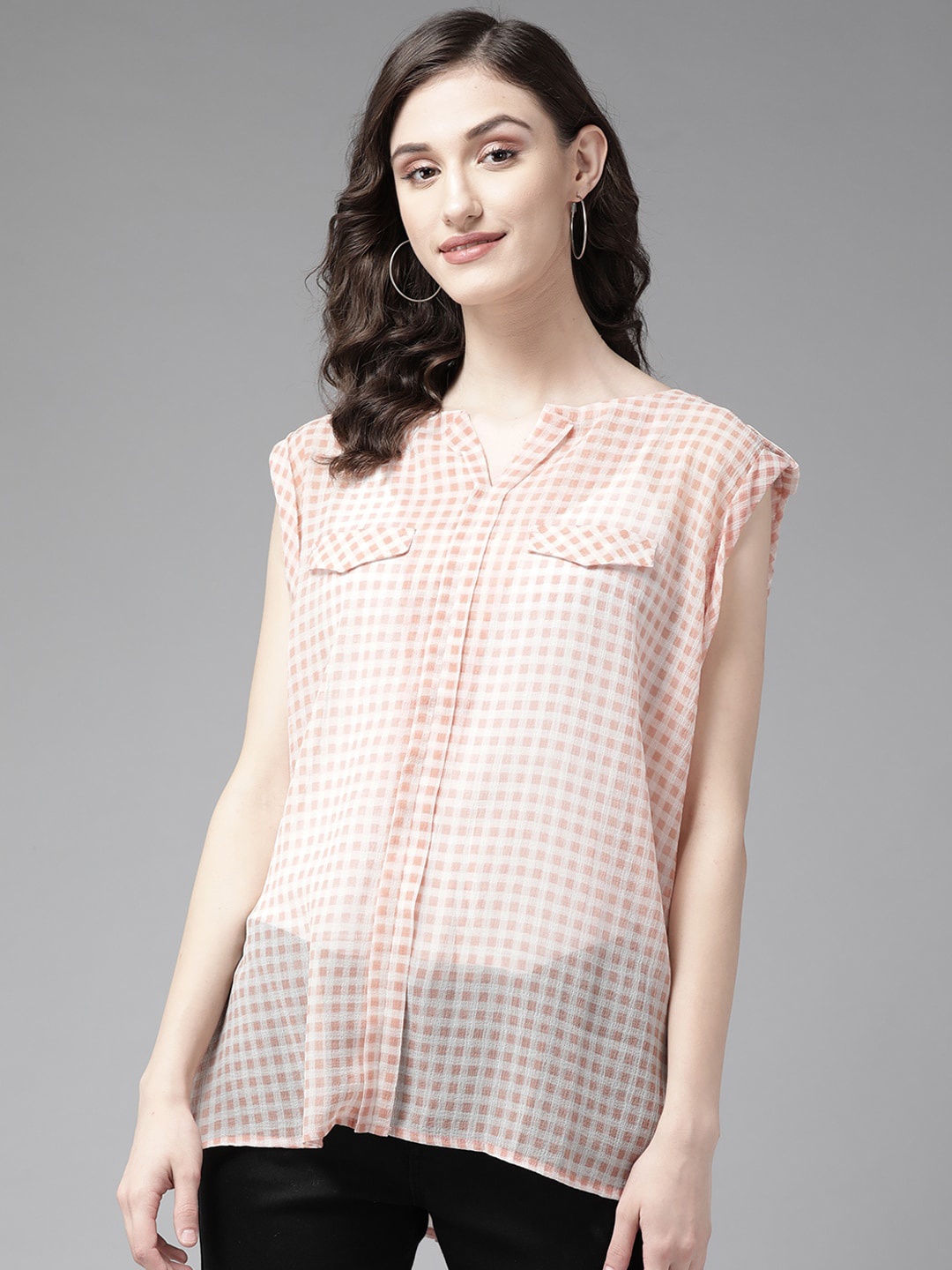 

BAESD Checked Extended Sleeves Top, Peach