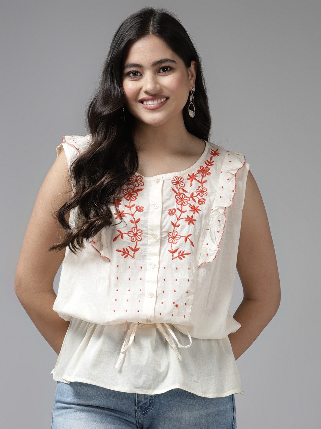

BAESD Floral Embroidered Waist Tie-Ups Sleeveless Top, Cream