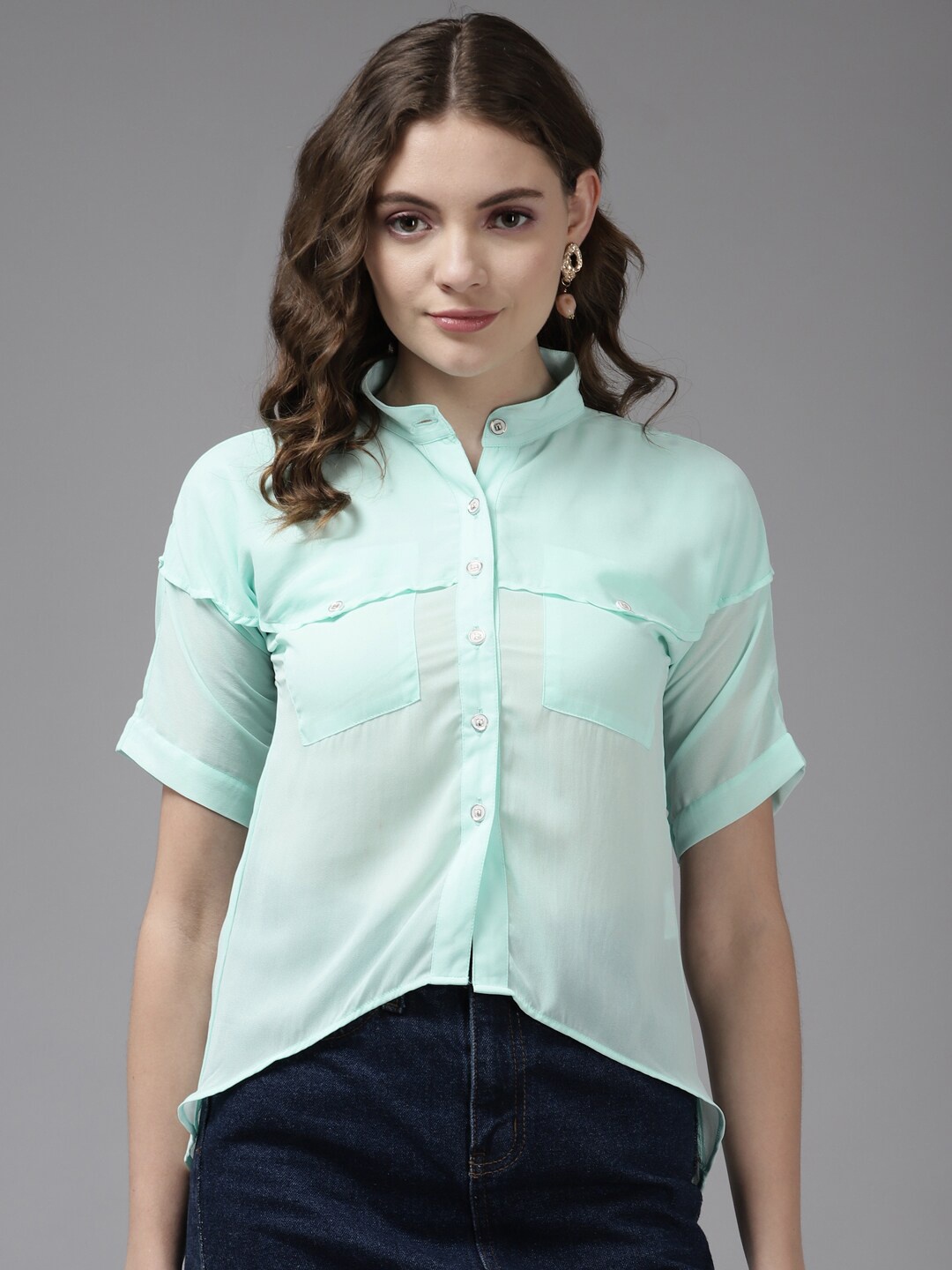 

BAESD High Low Georgette Shirt Style Top, Turquoise blue