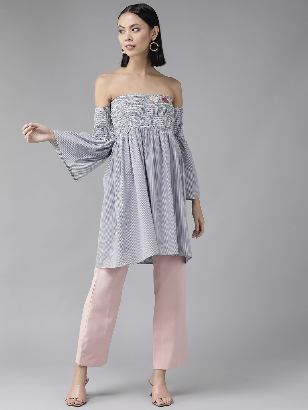 

BAESD Vertical Striped Off-Shoulder Smocked Longline Bardot Top, Blue