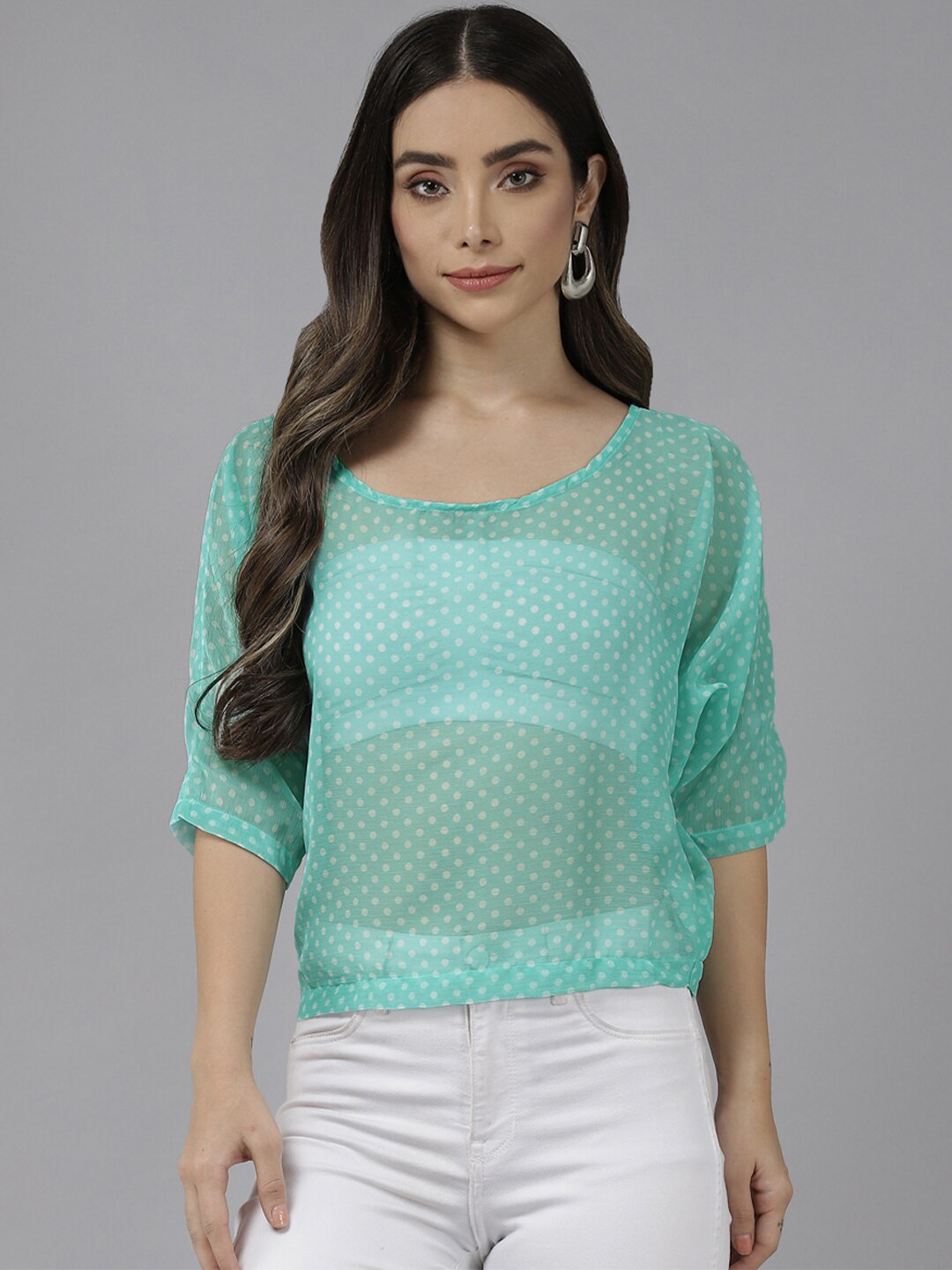 

BAESD Polka Dot Printed Extended Sleeves Top, Green