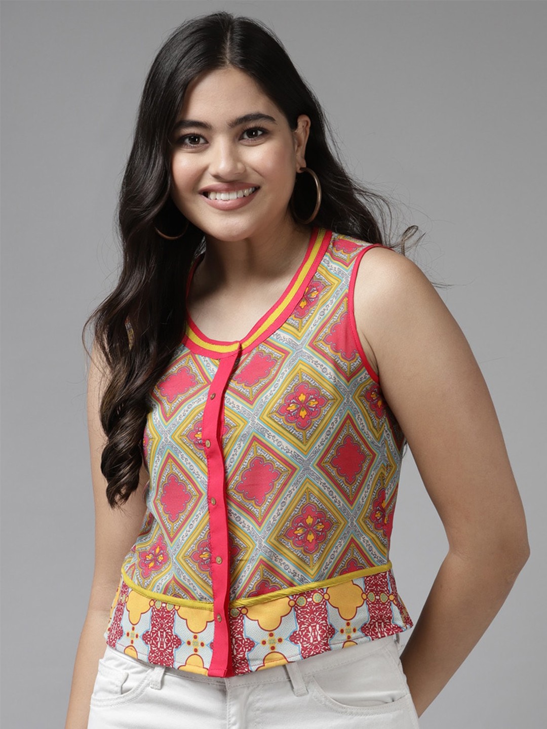 

BAESD Ethnic Motifs Printed Georgette Top, Peach