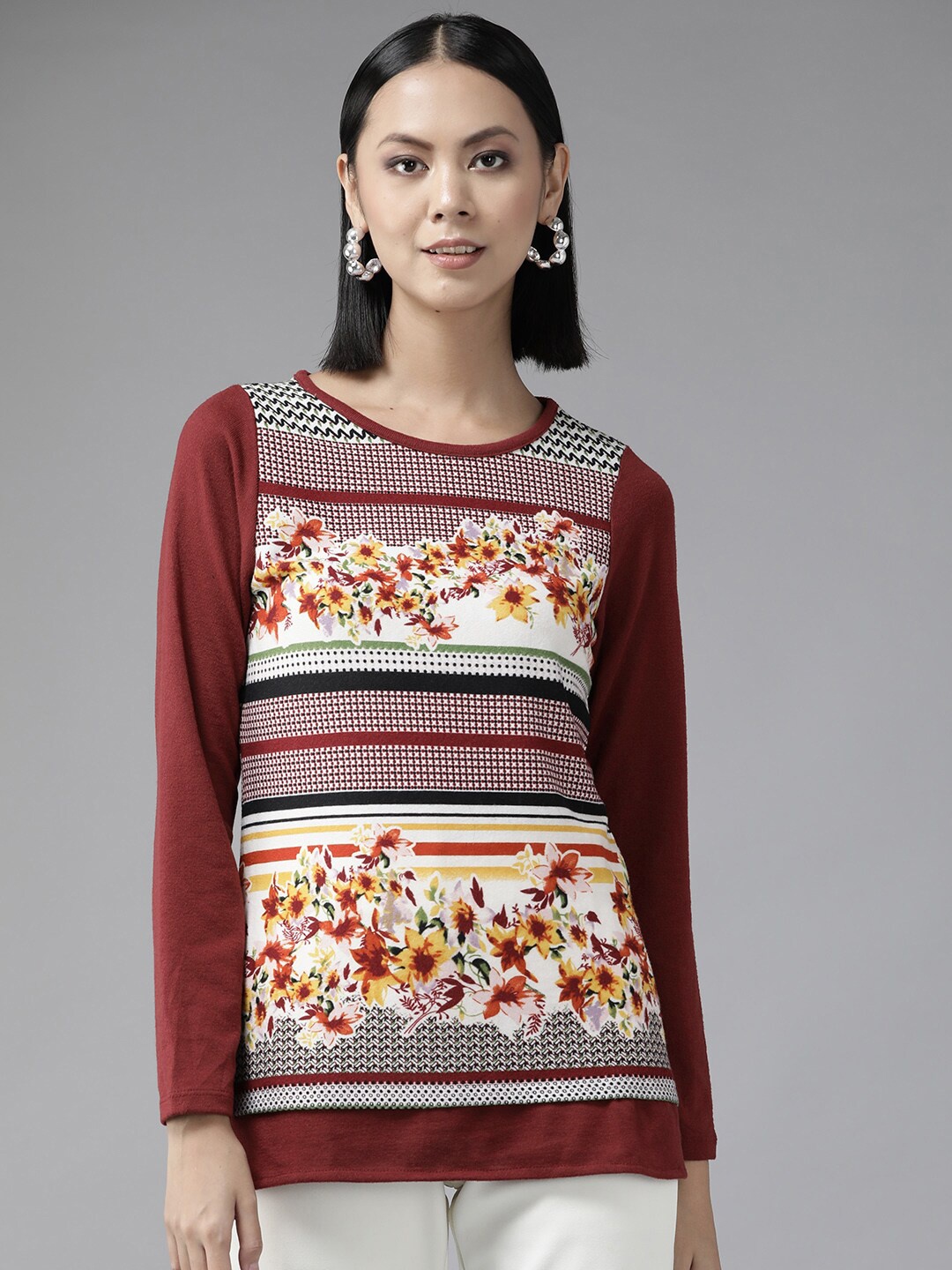 

BAESD Floral Printed Woollen Top, Maroon