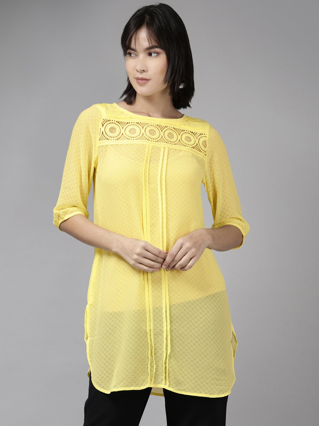 

BAESD Self Design Round Neck Lace Insert Tunic, Yellow