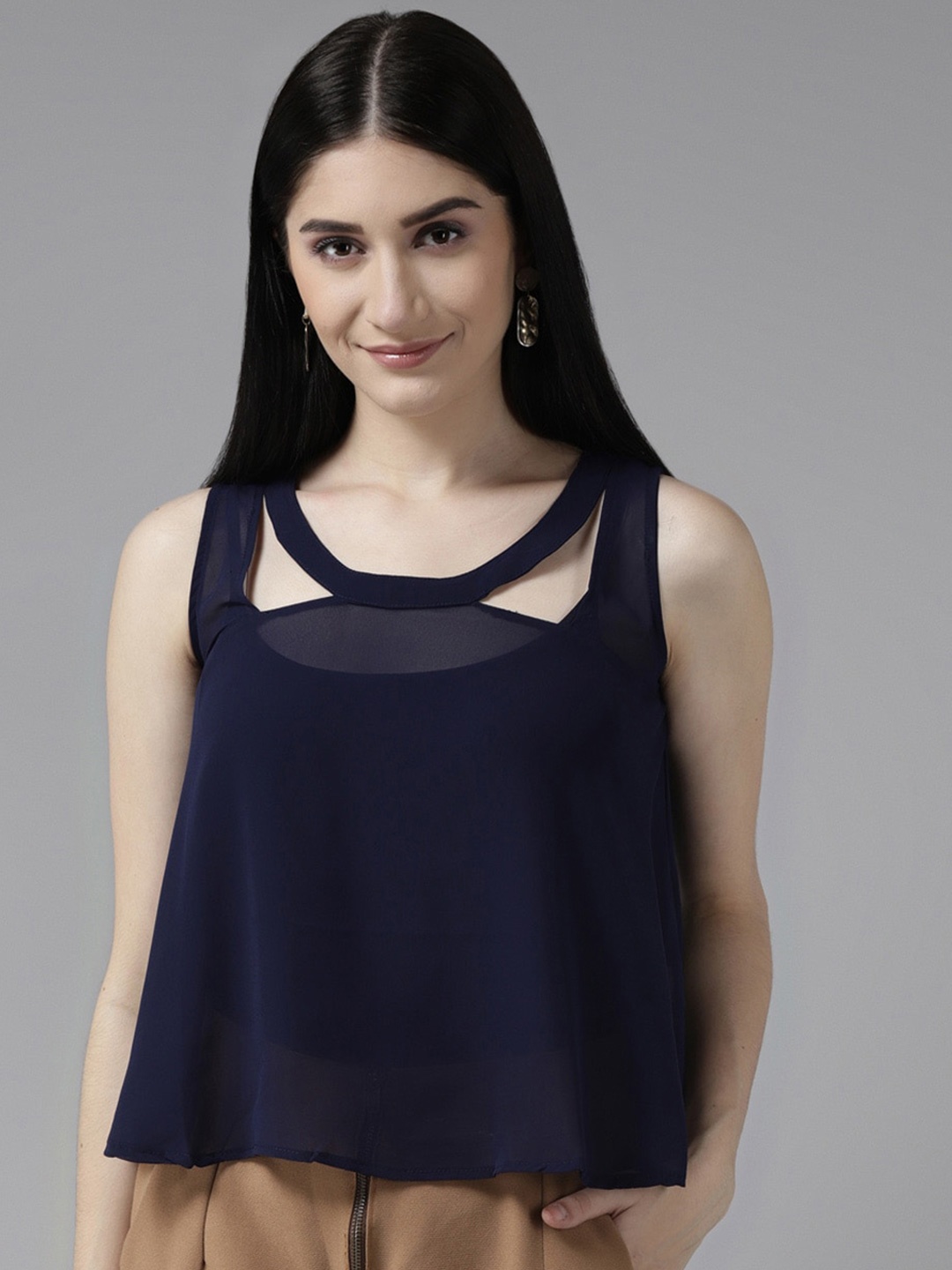 

BAESD Cut Shoulder Georgette A-line Crop Top, Navy blue