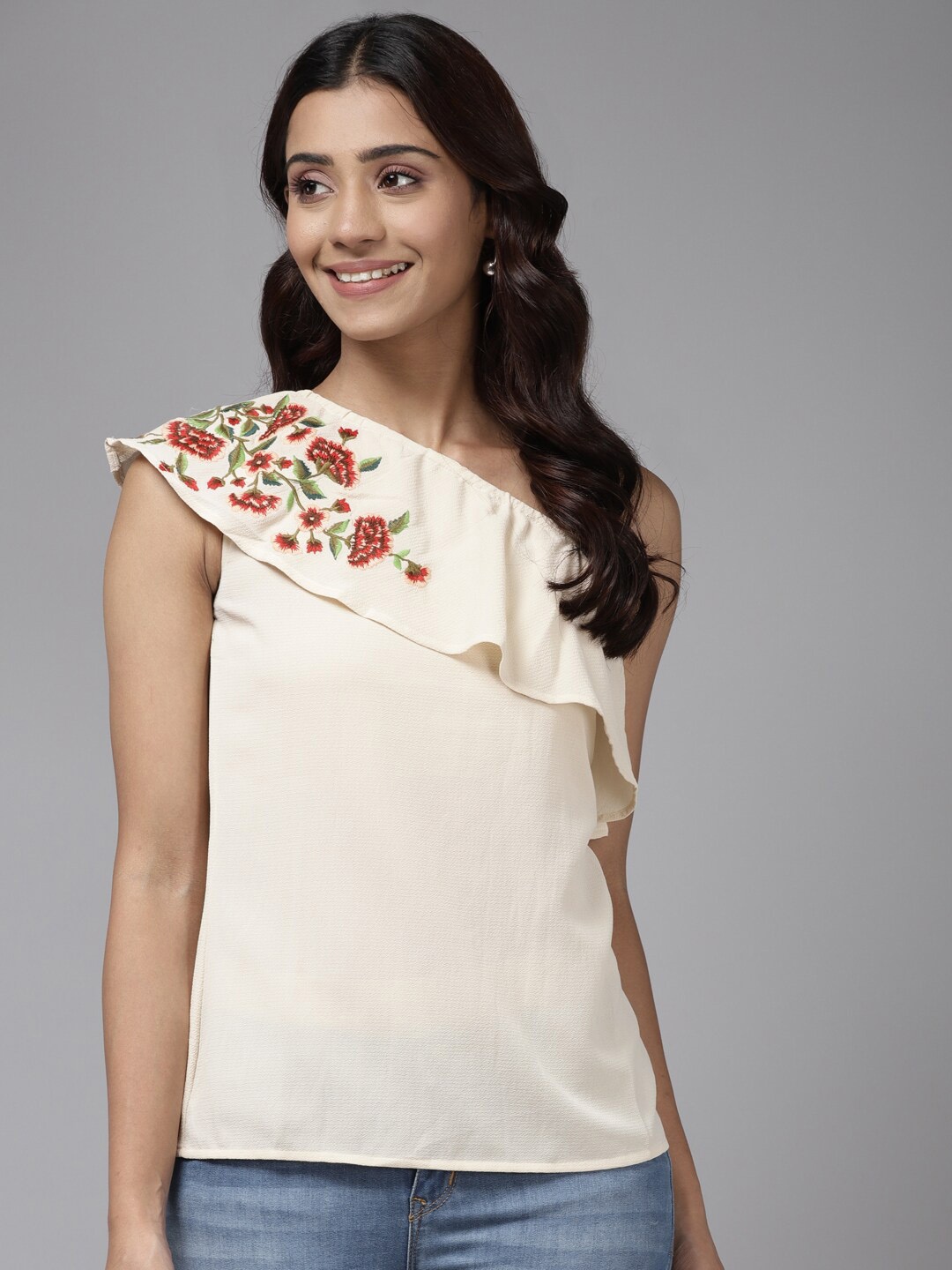 

BAESD Floral Embroidered One Shoulder Georgette Top, Beige
