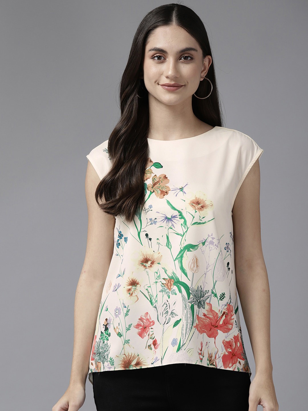 

BAESD Floral Printed Extended Sleeves Boat Neck Georgette Top, Peach