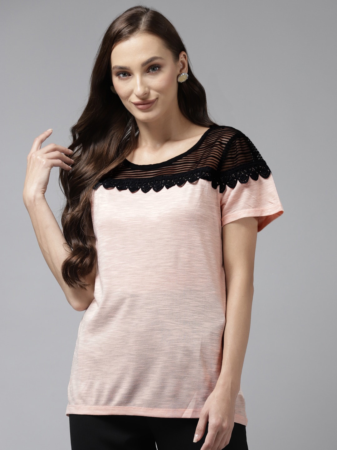 

BAESD Self Design Short Sleeves Georgette Top, Peach